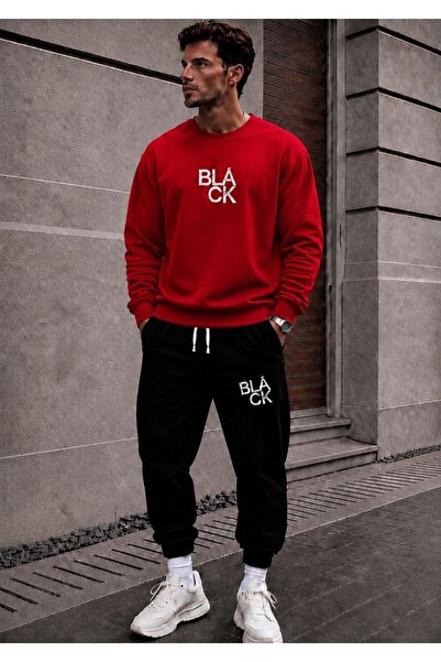 FAEL LİFE Unisex Winter Wide Cut Zero Collar Track Suit Black Printed