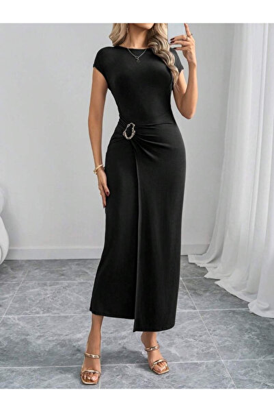 Wear Up فستان نسائي طويل بأكمام نصف قمر وياقة دائرية مع تفاصيل مشبك أمامي