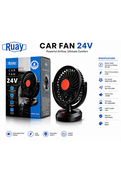 RUAY 24V Car Cooling Fan Portable Dashboard Fan 360° Adjustable Silent Air Ci...
