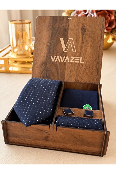 vavazel Premium Ahşap Kutulu Erkek Kravat Seti – 7.5 cm Klasik Lacivert Nokta...