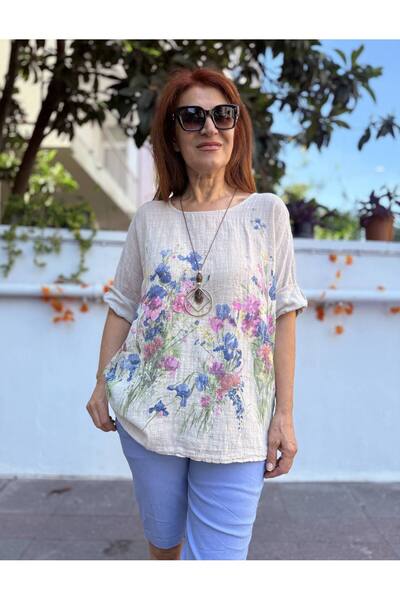 DenizEge Italijanska bluza Mila sa ogrlicom bež boje