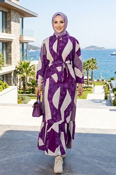 Hb Harma Time Butik Women's Belted Viscose Fabric Hijab Purple Dress