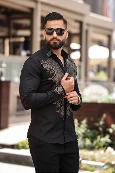 BAYIM Otantik Motifli Slim Fit Erkek Taş İşlemeli Gömlek