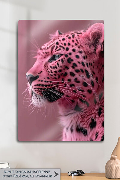 DekorHane Imprimeu metalic - Tablou decorativ de lux cu tematică leopard roz,...