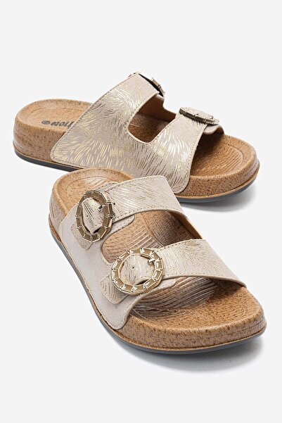 CCWAY AYAKKABI Double Buckle Women's Slippers Beige