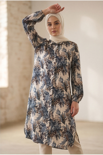 tuvadi Women's Blue Authentic Leaf Patterned Viscose Shirt - Hijab Shirt, But...