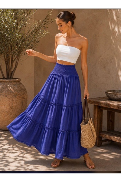 yusracollectionn Layered Italian Linen Elastic Casual Skirt