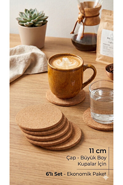 BRE HOME 6'lı Doğal Mantar Bardak Altlığı Seti 11 cm - Yuvarlak Isıya Dayanık...