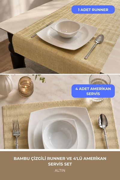 Ship Art Şık Bambu Runner ve 4'lü Amerikan Servis Set | Dekoratif Masa ve Sof...
