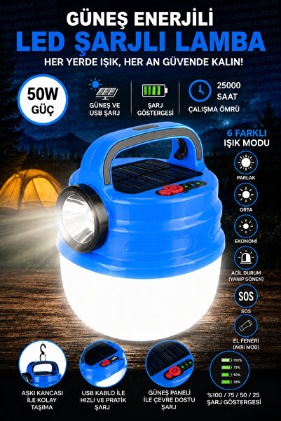 nelerbulurum GÜNEŞ ENERJİLİ VE ŞARJLI 6 FARKLI IŞIK MODLU ÇİFT IŞIKLI 50 WATT...