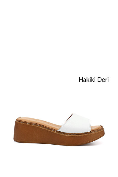 LC Waikiki Nevavm Women's White-Light Gray Wedge Sole Genuine Leather Slippers