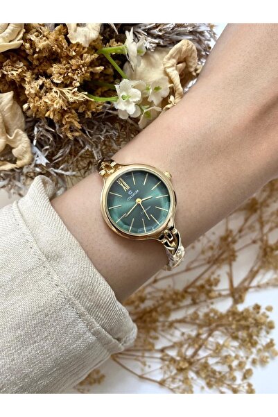 Mazzy Round Thin Cord Gold Green Dial Women Wrist Watch