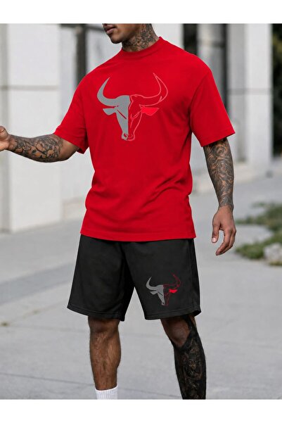 YK WEAR Unisex Bull Logo Oversize T-Shirt Shorts Two-Piece Set