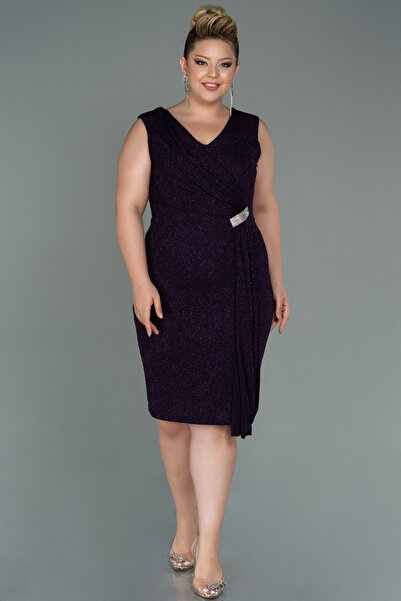 Efelif Sleeveless V-Neck Glitter Midi Plus Size Evening Dress Abk39586