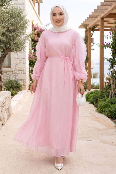 EBRUTESETTÜR Kolları Fırfırlı Kuşaklı Tesettür Elbise Pembe