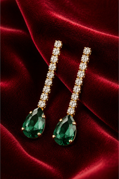Sylvera Shop Drop Green Stone Dangle Evening Dress Stylish Earrings (Gold Color)
