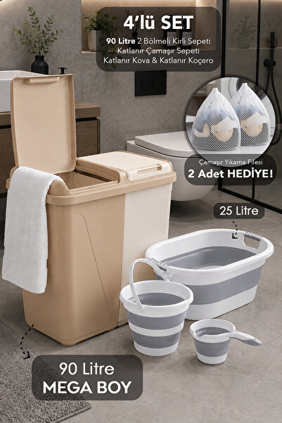 Meleni Home 4'lü Banyo Seti - 90Lt Bej Kirli Sepeti Su Kovası Akordiyon Çamaş...