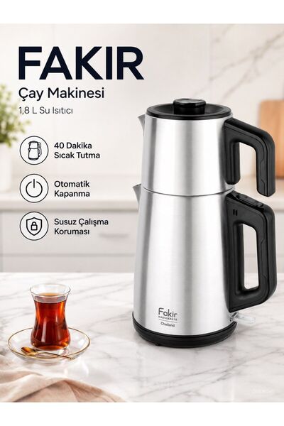 Fakir Paslanmaz Çelik Elektrikli Çay Makinesi Çaycı 1.8 Litre Geniş Hazneli S...