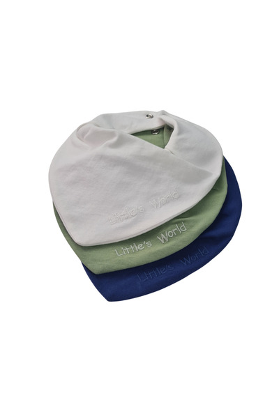 LITTLE'S WORLD 3-Piece Liquid-Proof Baby Bib Set Navy Blue Green Ecru Embroid...