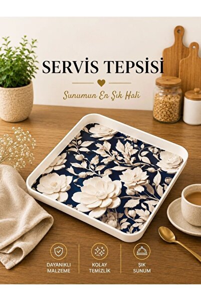 Galeriyo Beyaz Çiçek Desenli Kare Büyük Boy Servis Tepsisi
