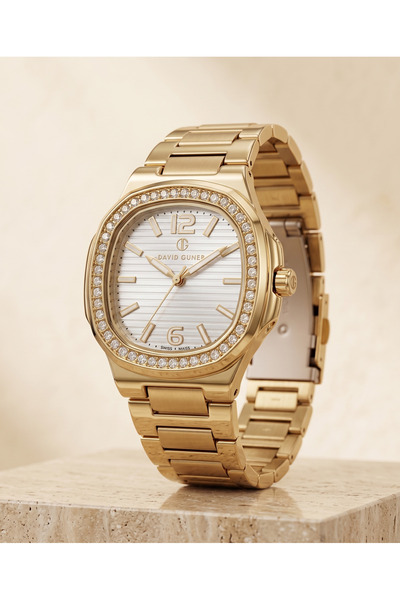 DAVID GUNER San Diego 35mm Taşlı Kadın Saati 14K Altın Renginde Çelik Kordonl...