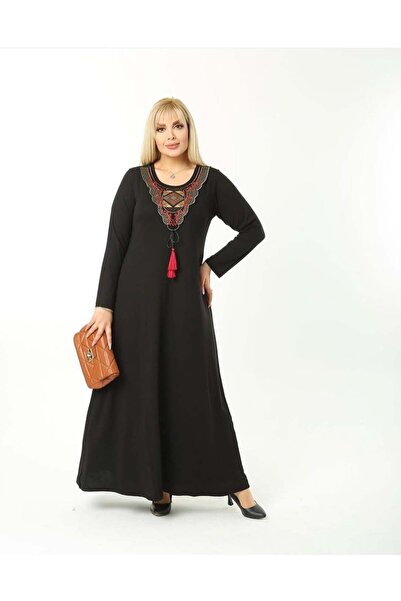 kısmet sepeti Women's Plus Size Black Ethnic Tassel Detailed Collared Viscose...