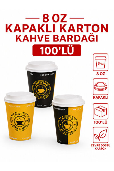 SB Ticaret Tek Kullanımlık Kapaklı Karton Bardak 8 Oz 100 Adet Sıcak İçecek B...
