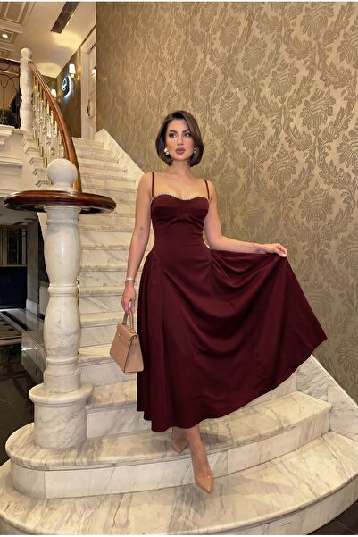 ALFUDO Moda Collection Kadın Askılı Taş İşlemeli Degaje Yaka Fermuarlı Midi B...