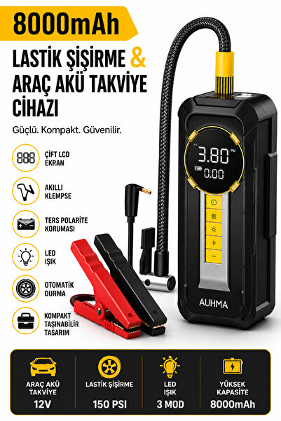 Realx 4-in-1 Akıllı Akü Takviye Cihazı ve Hava Pompası - 8000mAh Powerbank & ...
