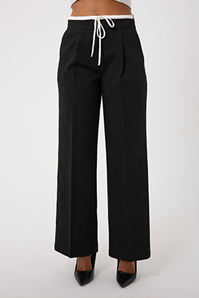 sevindi Summer Fabric Wide-Leg Pants with Double Waistband, Satin Belt and Co...