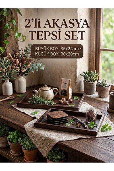 humazeyy 2’li Akasya sunum tepsi seti, Dekoratif tepsi Seti