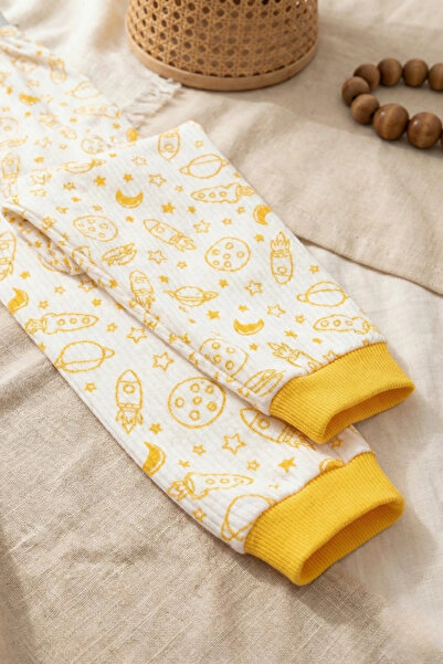 Babydonat Galaksi Roket Nakışlı % 100 Pamuk Yakalı Erkek Çocuk Pijama Takımı