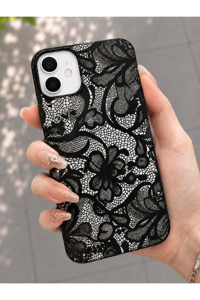 OVADA İphone 12/12 Pro Uyumlu Siyah Dantel Desenli Telefon Kılıfı
