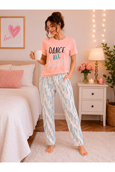 Manolya Kadın Dance All Night Baskılı Pijama Takımı Çizgili Uzun Paça Ev Giyim