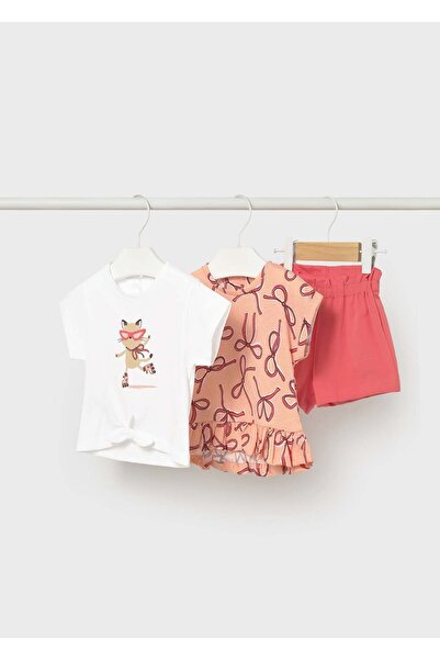 MAYORAL Baby Girl Combed Cotton Shorts Set with 2 T-Shirts Pink