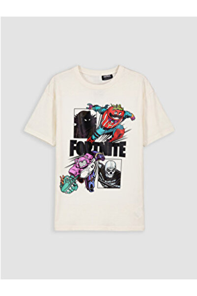 LC Waikiki New Season Ecru Crew Neck Fortnite Printed Boys' T-Shirt