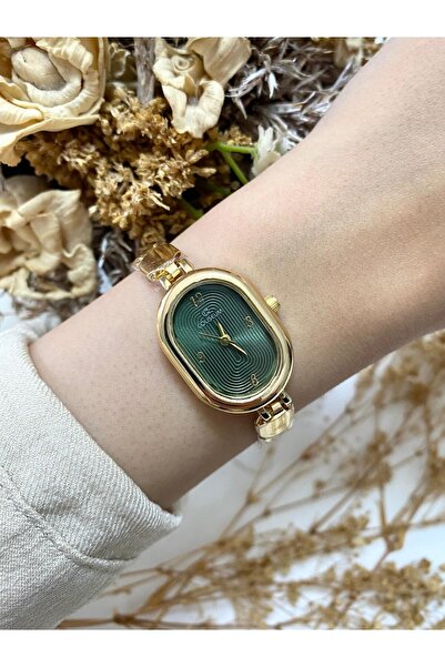 Mazzy Oval Design Hook Lock Gold Green Dial Women's Wristwatch