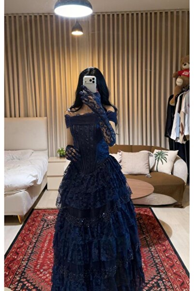 ADY-STYLE Navy Blue Layered Lace Dress
