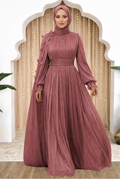 TRENDTESETTÜR KADIN PEMBE (GÜLKURUSU) PELERİNLİ ŞİFON ABİYE ELBİSE T 6663