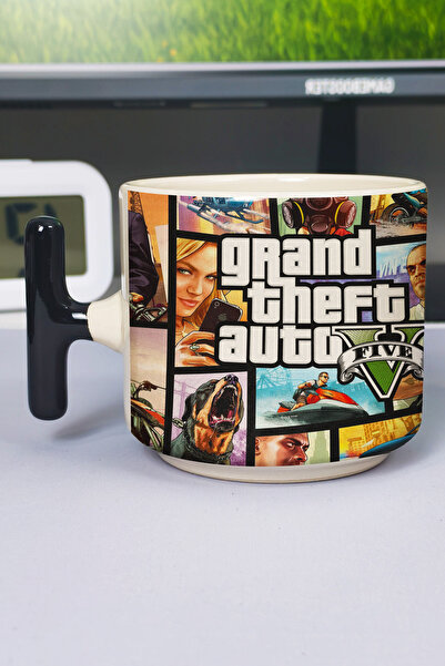 ZipZap كوب سيراميك فاخر مطبوع عليه GTA 5 (قطعة واحدة) على شكل حرف T بمقبض أسو...
