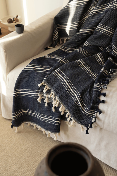 COMO HOME غطاء سرير مخطط باللون الأزرق الداكن 160x220 سم / غطاء أريكة / غطاء ...