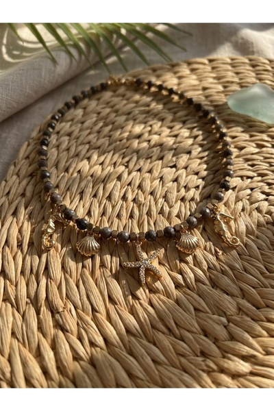 Meneva Aksesuar Obsidian Natural Stone Sea Themed Gold Color Steel Combinatio...