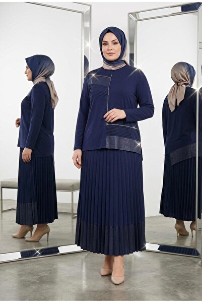 wishne Brown Leather Detailed Tunic & Pleated Skirt Two-Piece Set