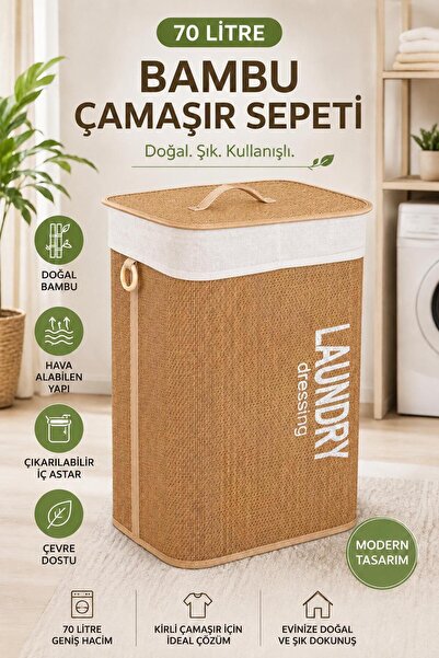 Funny Life 70 LT Bambu Dikdörtgen Çamaşır Sepeti Kapaklı Katlanabilir Kirli Ç...