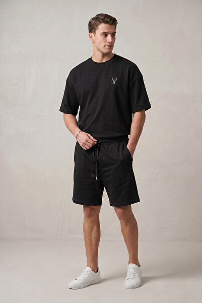nacar çarşı Men's Black Oversize T-Shirt and Shorts Two-Piece Set