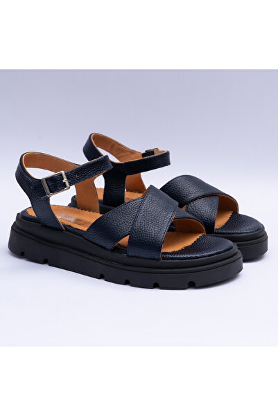 VAGAM Women's Navy Blue Leather Sandals