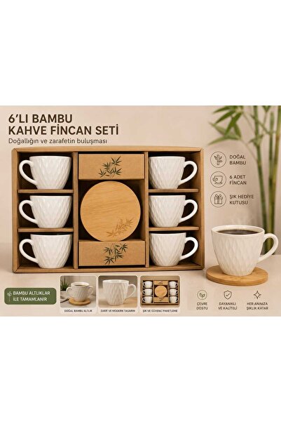 coşkunlaravm porselen 6 lı kahve seti Bambu Altlık'lı