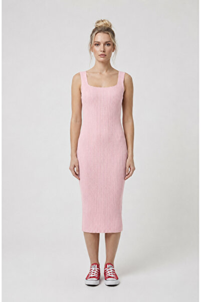 Neden Tekstil Premium Fit Square Neck Corded Fabric Knitwear Midi Dress