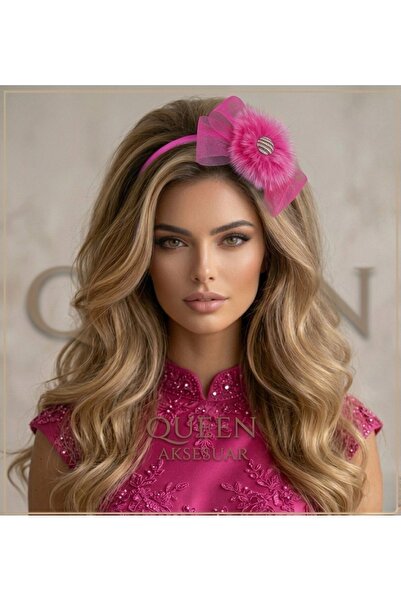 QUEEN AKSESUAR Fuchsia Pink Layered Tulle Bow Plush Feathered Stone Crown Wom...
