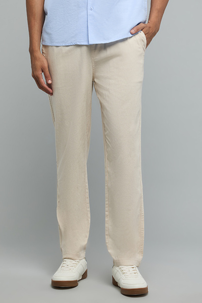 R&B Solid Tapered Fit Pants with Drawstring Waist